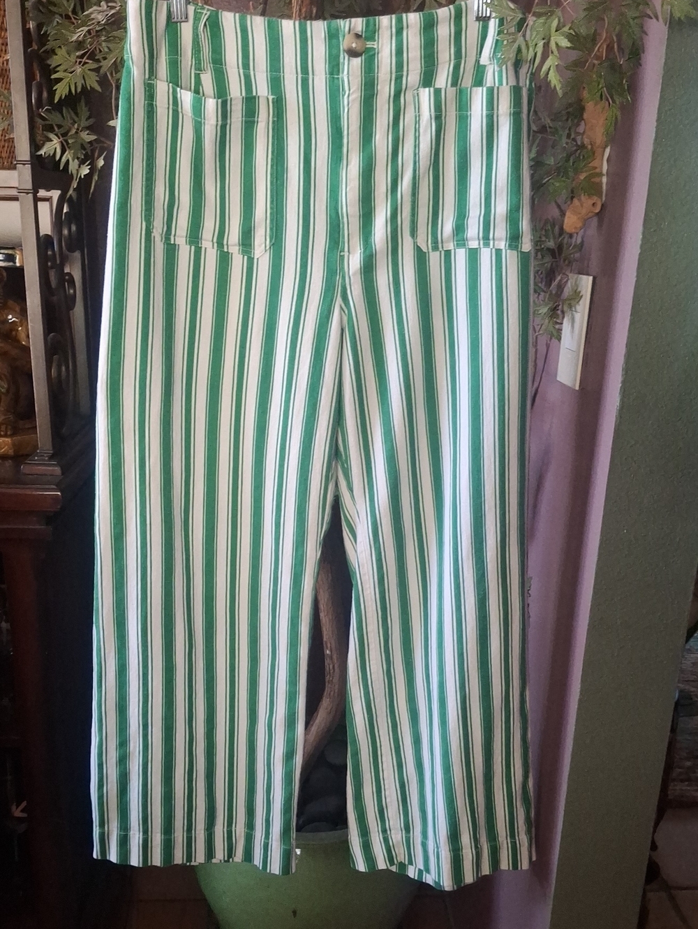 Maeve  Collette Green and White Vertical-Stripe Wide-Leg Pants